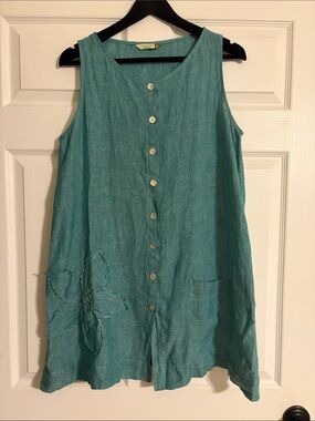 CHALET 100% Linen Sleeveless Button Down Tunic Top / Shift Mini Dress M